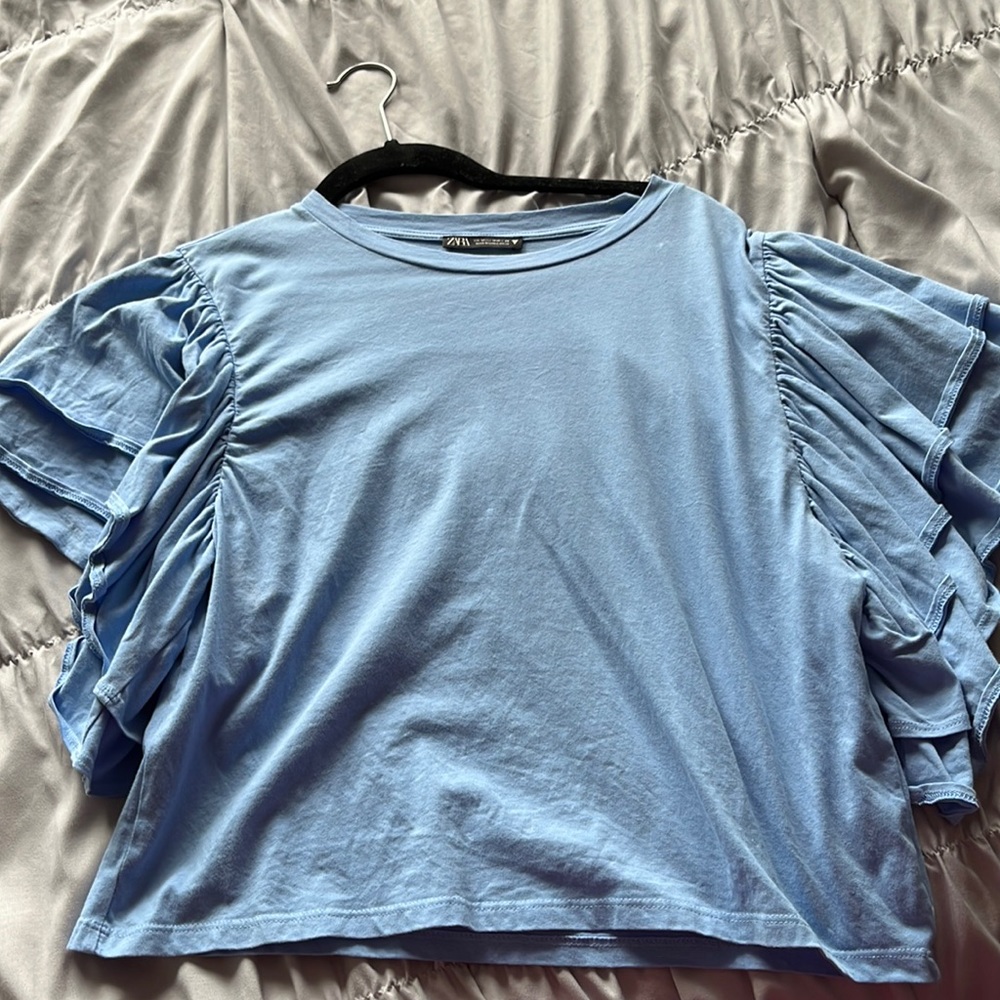 Zara blue ruffle blouse